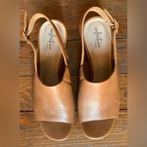Clarks Tan Brown Leather Sandals with Block Heel
